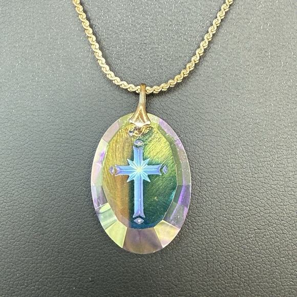 Aurora Borealis Rainbow Etched Cross Faceted Pendant 15” Necklace Vintage - Picture 1 of 6